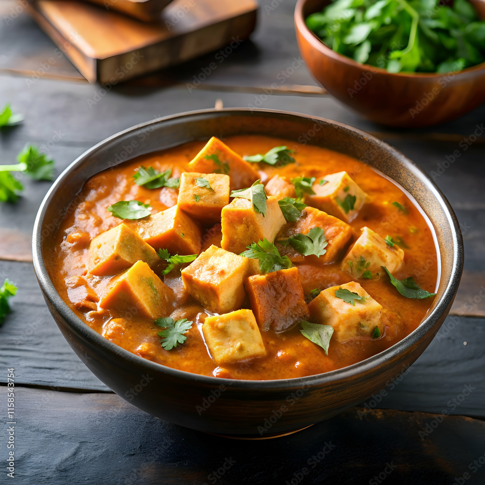 paneer butter masala in a bowl on the dark table paneer butter masala in a bowl on the dark table