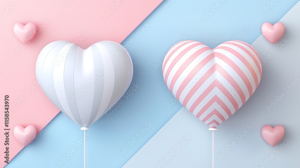 3D Render of Two Heart-Shaped Balloons Floating on a Pink and Blue Background for Valentine s Day 3D Render of Two Heart-Shaped Balloons Floating on a Pink and Blue Background for Valentine s Day