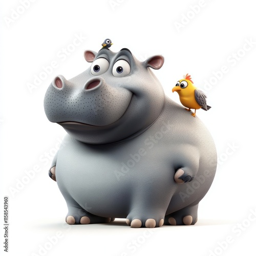 A gentle hippo with a tiny bird on its back. vector style art 3d illustration Isolated on White Background  photo