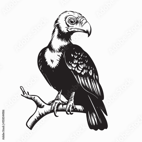 Vulture Perched on a Branch image vector. Vulture Perched Branch Carefully Watching Prey image vector.