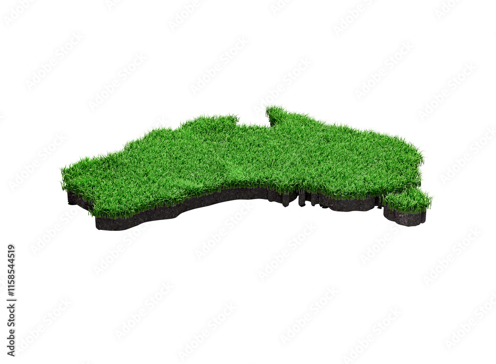 Fototapeta premium Australia Map Soil Land Geology Cross Section Green Grass And Rock Ground Texture 3d Illustration