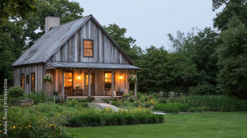 Rustic cabin illuminated at dusk, nestled in a lush garden.