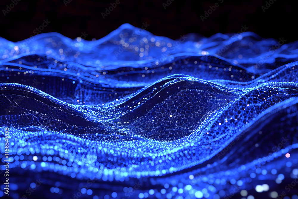 Fototapeta premium Futuristic glowing blue digital waves with shimmering particles; perfect for technology, innovation, data visualization, futuristic concepts, and abstract design themes