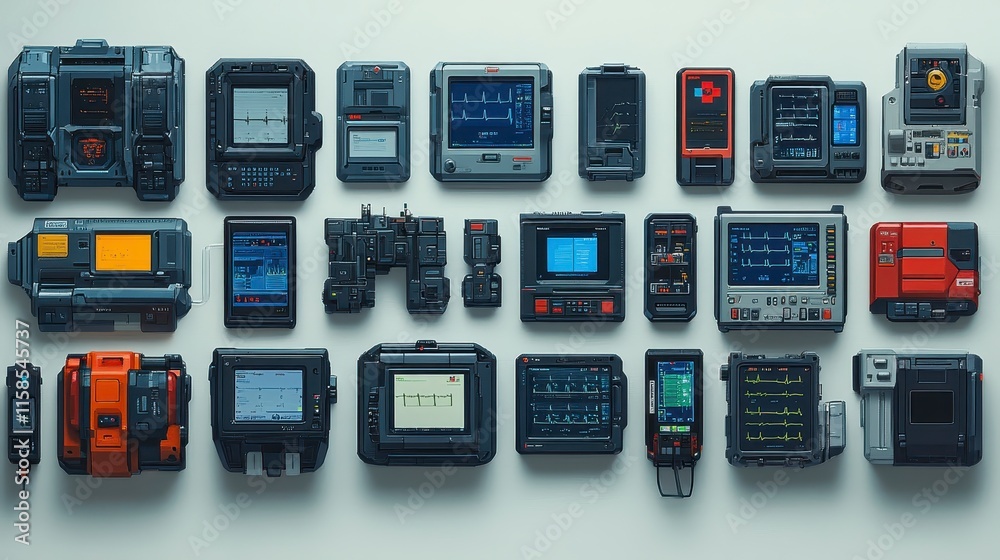 A collection of retro electronic devices and gadgets featuring various screens and buttons, arranged neatly against a neutral background. A collection of retro electronic devices and gadgets featuring various screens and buttons, arranged neatly against a neutral background.