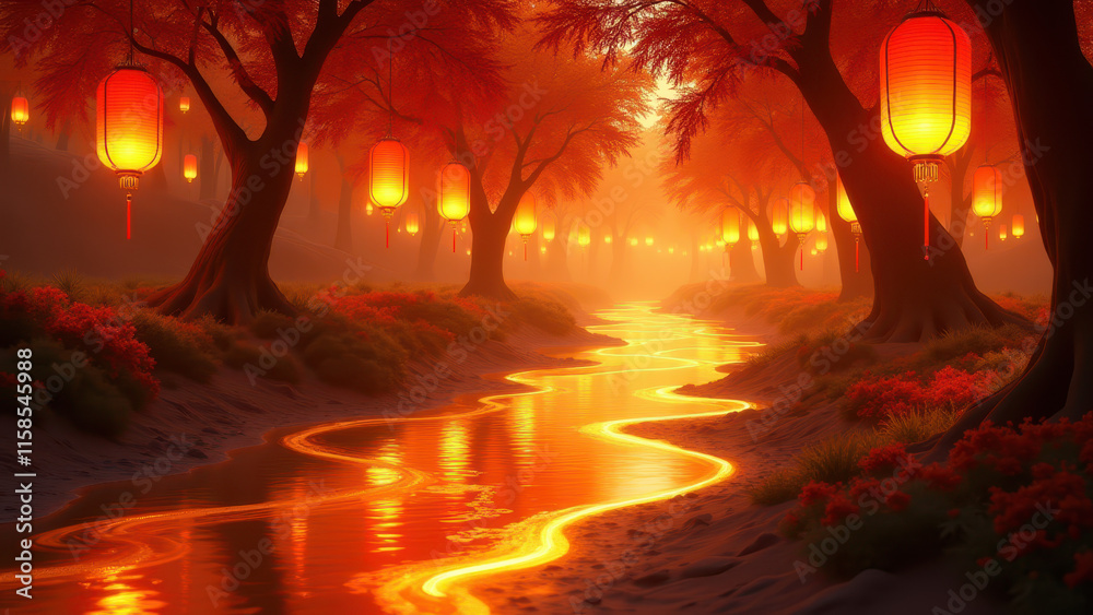 Magical Lantern River, Fantasy Forest - Fantasy art Magical Lantern River, Fantasy Forest - Fantasy art