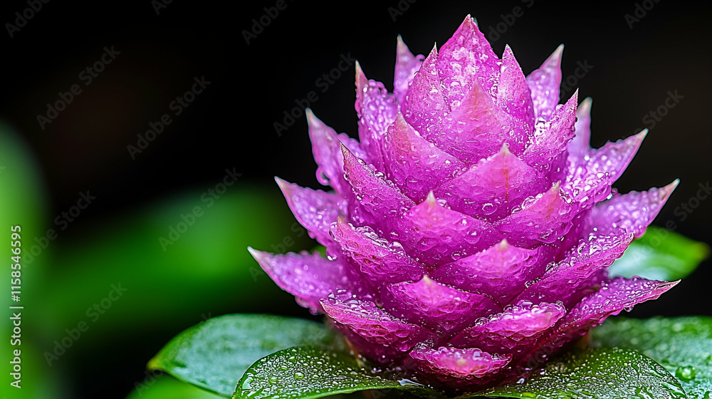 A vibrant purple flower with a unique cone shape, surrounded by lush green leaves, glistening with droplets of water. A vibrant purple flower with a unique cone shape, surrounded by lush green leaves, glistening with droplets of water.