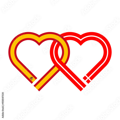 heart shaped ribbon of spain and denmark flags intertwined. vector illustration isolated on white background