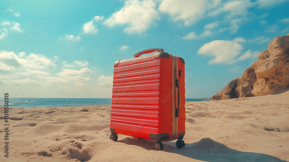 Vibrant red suitcase with beach essentials on sandy shore, ready for summer adventure Vibrant red suitcase with beach essentials on sandy shore, ready for summer adventure