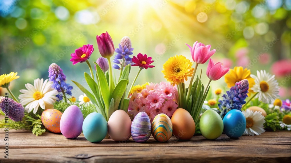 Festive colorful Easter eggs and spring flowers on wooden surface