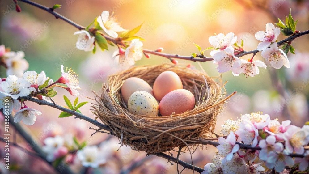 Bird's Nest with Easter Eggs in blooming tree branch, Easter holiday Concept