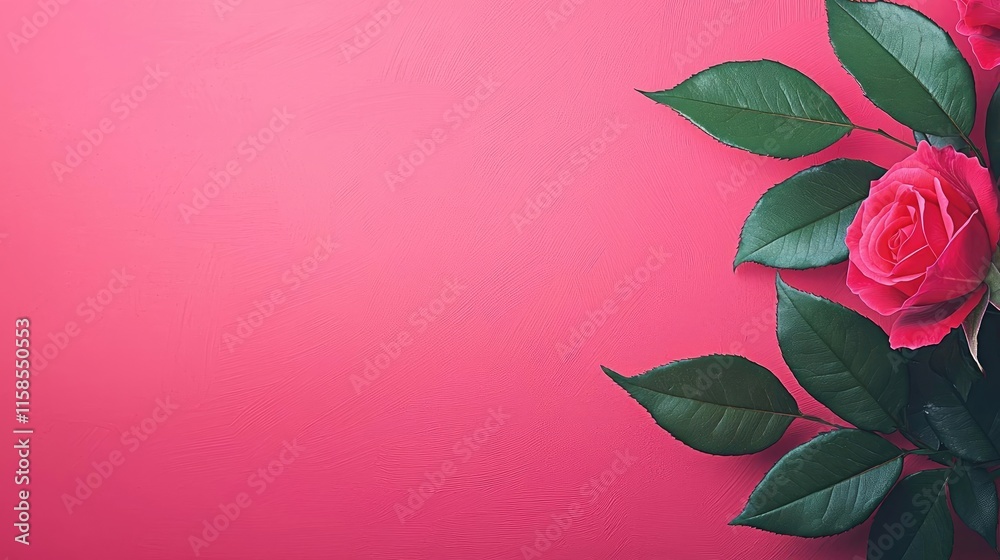 Rose leaves abstract background concept. A vibrant pink rose with lush green leaves against a soft pink background. Rose leaves abstract background concept. A vibrant pink rose with lush green leaves against a soft pink background.
