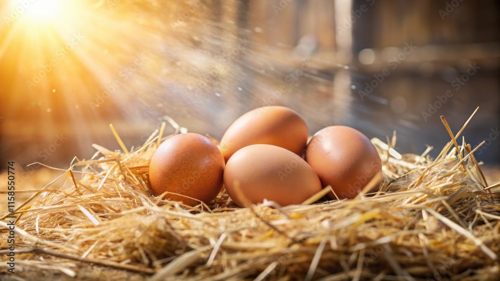 Easter Eggs lying in sunlit hay nest with sun glow in rustic barn, festive spring celebration Easter concept Easter Eggs lying in sunlit hay nest with sun glow in rustic barn, festive spring celebration Easter concept