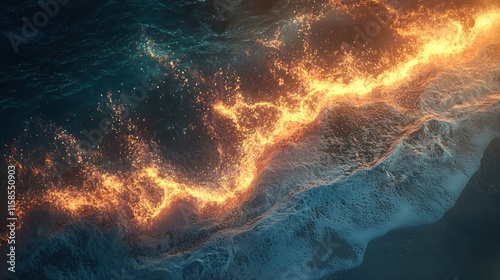 Fiery waves crashing on dark ocean shore at night.