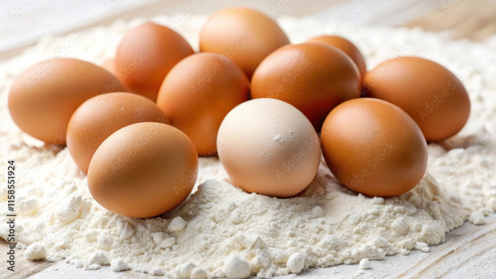 Classic baking concept with eggs and flour on wooden table Classic baking concept with eggs and flour on wooden table