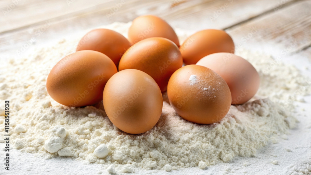 Classic baking concept with eggs and flour on wooden table Classic baking concept with eggs and flour on wooden table
