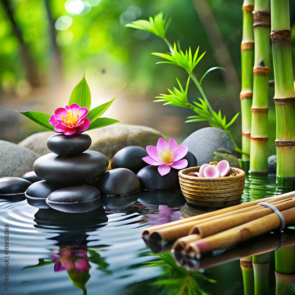 Zen garden with stones bamboo flowers and water Zen garden with stones bamboo flowers and water