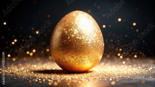 A Glittering Golden Easter Egg with Glittering Splashes of Tiny Gold Particles with space for text on black background. Easter holiday concept photo