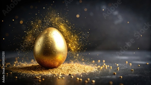 A Glittering Golden Easter Egg with Glittering Splashes of Tiny Gold Particles with space for text on black background. Easter holiday concept photo