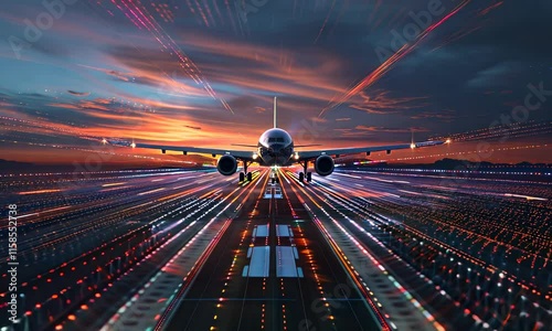 Dynamic Takeoff: Airplane on Runway at Sunset