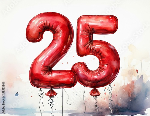 Red birthday / anniversary balloon, number 25, watercolor painting with white background photo