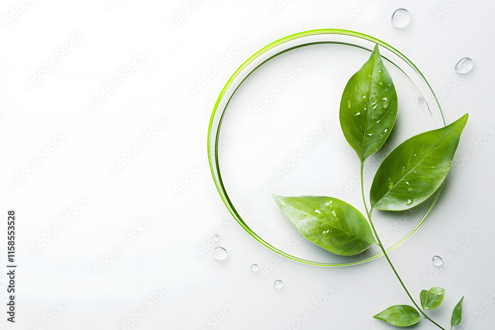 Green leaves with dew drops arranged in a circular design on a clean white background; perfect for eco-friendly, nature-inspired, and modern design projects Green leaves with dew drops arranged in a circular design on a clean white background; perfect for eco-friendly, nature-inspired, and modern design projects