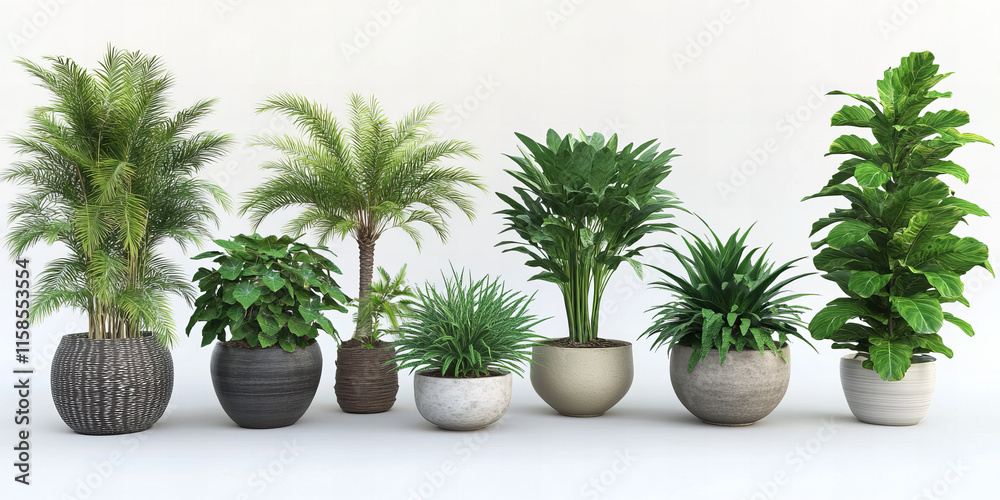 Fototapeta premium Stylish Potted Tropical Plants for Indoor Decoration, Featuring Lush Foliage and Modern Planters in Minimalist Design
