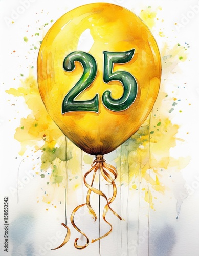 Yellow birthday / anniversary balloon, number 25, watercolor painting with white background photo