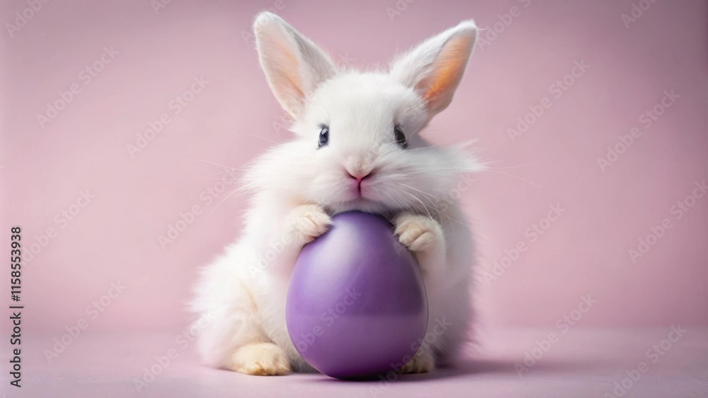 Fototapeta premium Cute white rabbit holding colorful easter egg on pastel background, concept of Easter celebration 