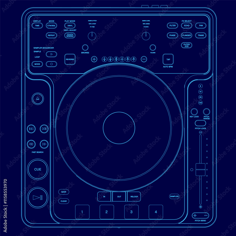 Blue drawing of a turntable with buttons and knobs. The turntable is a DJ turntable with a blue background Blue drawing of a turntable with buttons and knobs. The turntable is a DJ turntable with a blue background