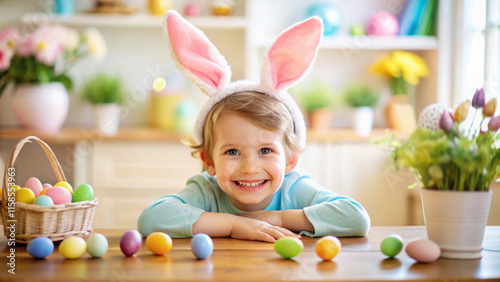 Smiling happy child with white bunny ears standing near the table with colorful Easter eggs in the kitchen. Easter holiday celebration concept