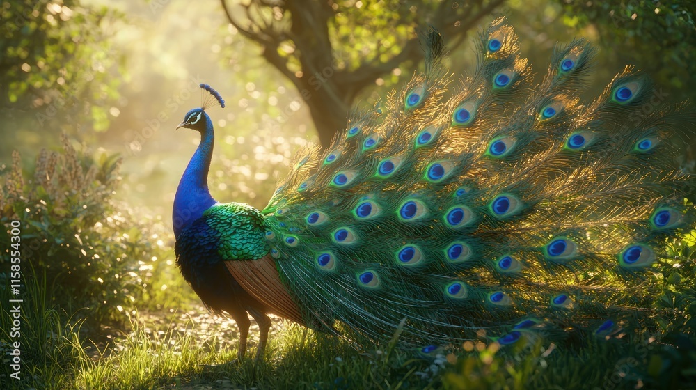 Obraz premium Majestic peacock displaying vibrant plumage in sunlit garden.