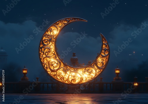 Illuminated crescent moon at night. photo