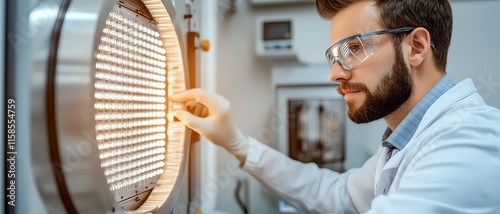 Celebrating Advances in Light-Based Technologies showcasing a modern LED light panel being adjusted by a technician, with the soft glow of light reflecting off nearby equipment.