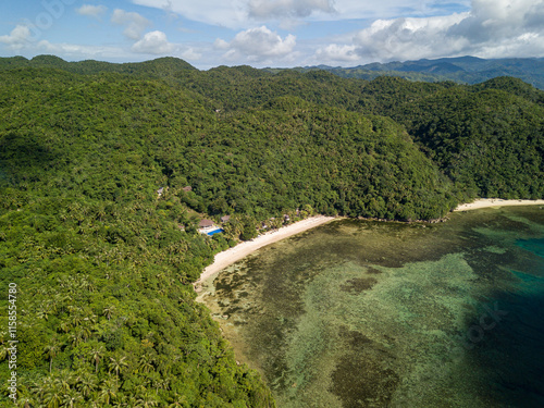 Scenic Panorama Aerial Drone Picture of White Sand Beach and Jungle in Cove and Jungle, near Ariel's Point and Boracay in Buruanga, Aklan, Philippines photo