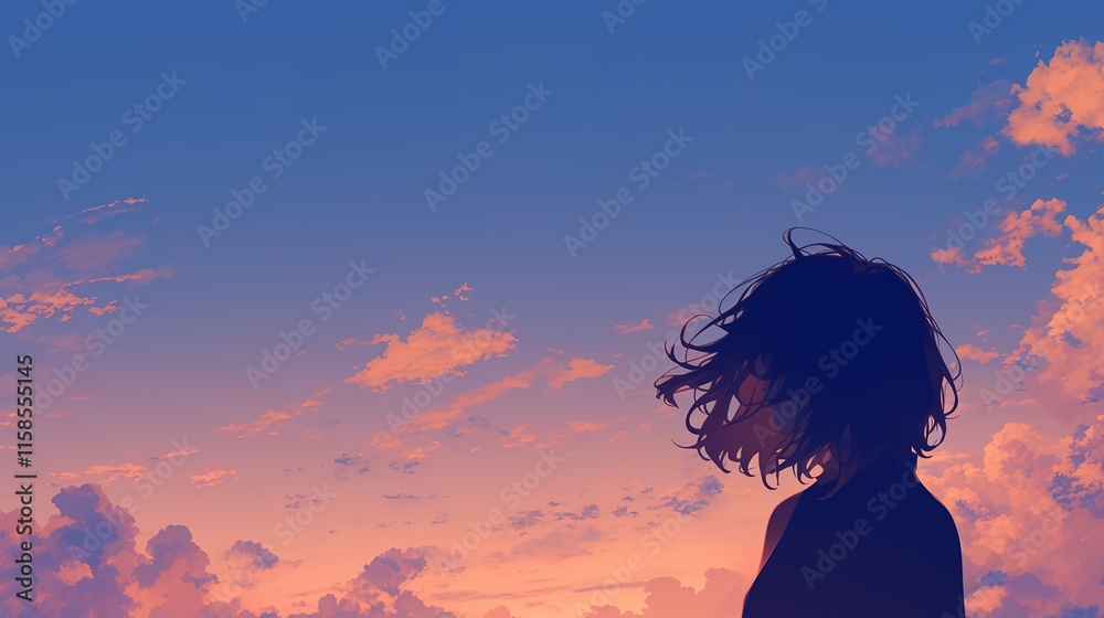 女性の後ろ姿と夕暮れの空 女性の後ろ姿と夕暮れの空