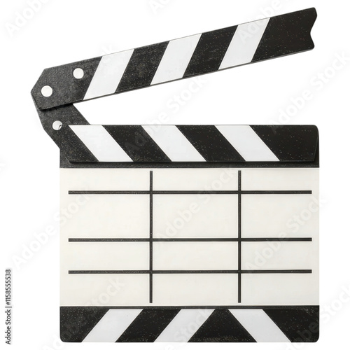 A classic film clapperboard featuring alternating black and white stripes, used for marking scenes in movie production.