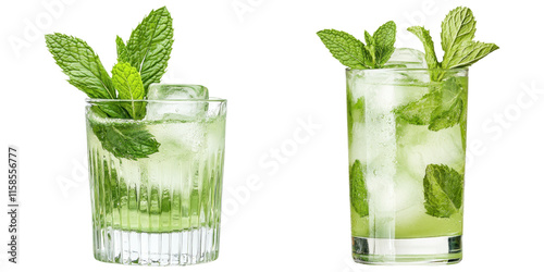 Two refreshing mojito cocktails with mint leaves and ice, presented in stylish glassware.