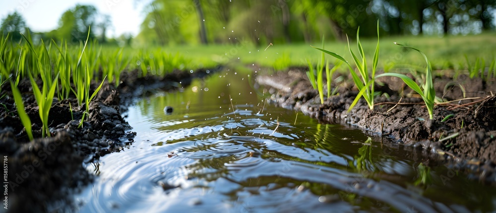 Fresh Rainwater Flowing Through a Green Rice Field Surrounded by Lush Grass and Nature's Vibrant Color Palette Fresh Rainwater Flowing Through a Green Rice Field Surrounded by Lush Grass and Nature's Vibrant Color Palette