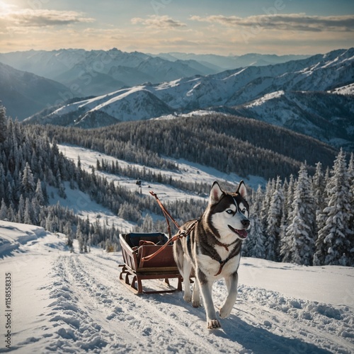 A Siberian husky pulling a sled in the mountains.