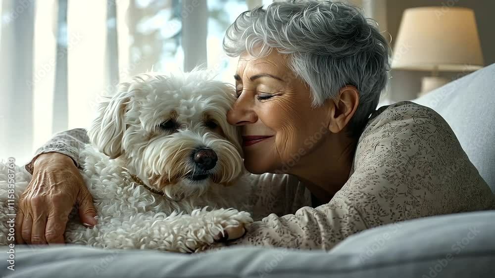 Senior Woman and Dog in Cozy Bedroom Relaxing and Enjoying Morning