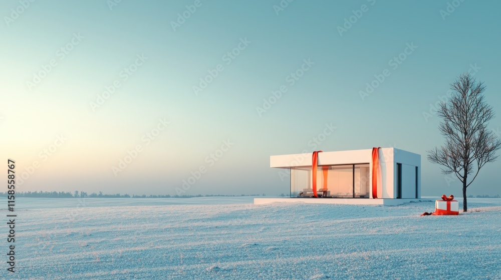 Modern house, gift, winter landscape, sunrise. Modern house, gift, winter landscape, sunrise.