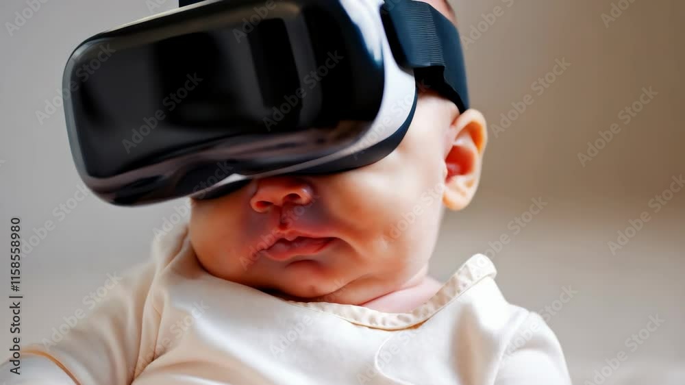 Curious baby exploring virtual reality with headset indoors Curious baby exploring virtual reality with headset indoors