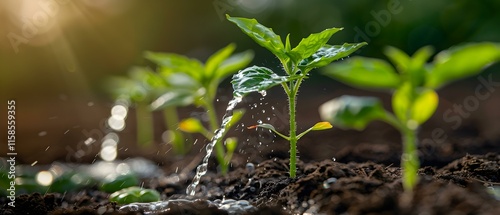 Close-Up of Growing Plants Watered by Gentle Streams of Water in a Lush Garden Setting