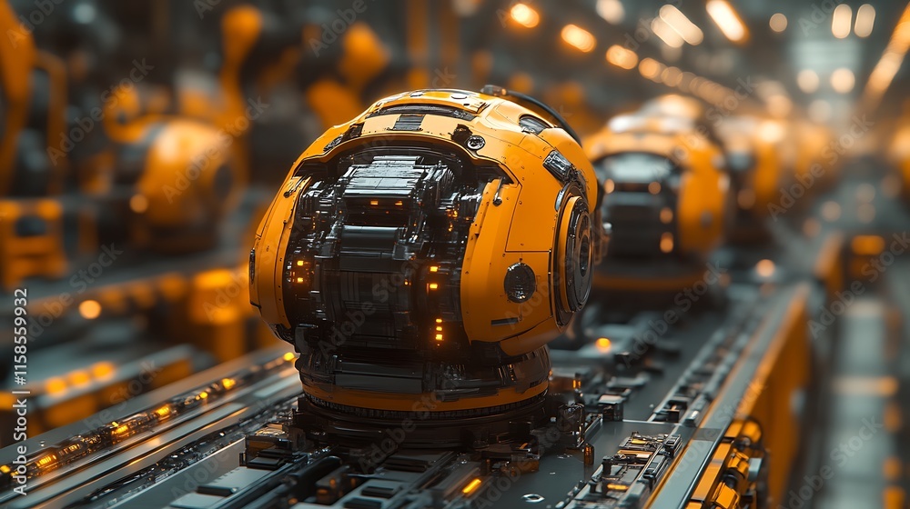 Futuristic orange robots on assembly line. Futuristic orange robots on assembly line.