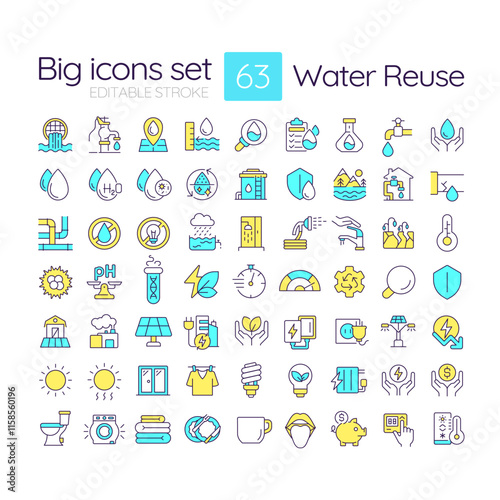 Water reuse RGB color icons set. Natural liquid sources sustainable consumption. Quality management and control. Isolated vector illustrations. Simple filled line drawings collection. Editable stroke