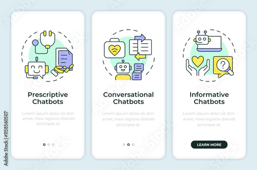 Types of medical chatbots onboarding mobile app screen. Walkthrough 3 steps editable graphic instructions with linear concepts. UI, UX, GUI template. Montserrat SemiBold, Regular fonts used