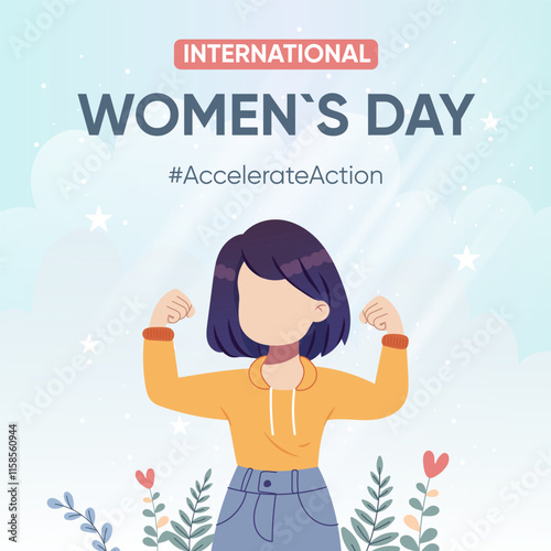 Simple postcard, banner, poster girl showing strength, action, international womens day