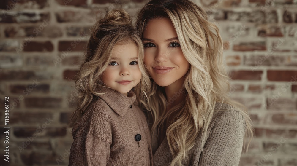 Mother and daughter portrait against brick wall. Mother and daughter portrait against brick wall.