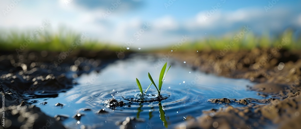Fototapeta premium Fresh Green Grass Sprouting in a Calm Water Pool Surrounded by Nature During a Bright Sunny Day