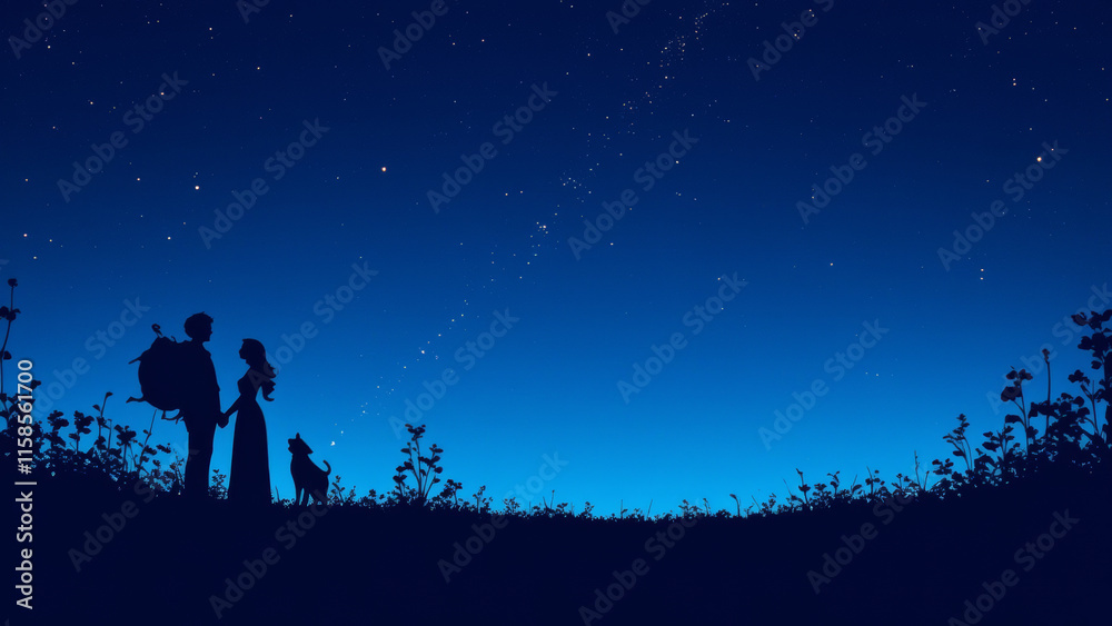 Illustration of a starry night with a couple silhouette, symbolizing love. Illustration of a starry night with a couple silhouette, symbolizing love.